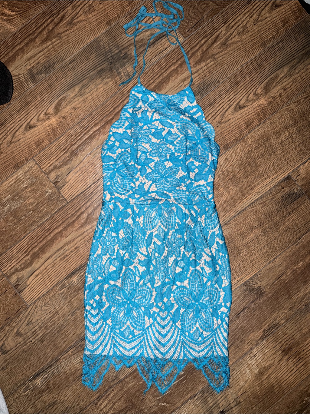 Angel Biba Turquoise Lace Halter Mini Dress